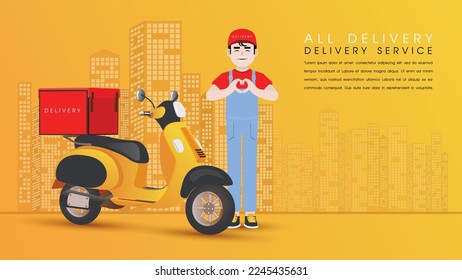 Delivery man with parcel box and a motorcycle, Delivery man making heart shape