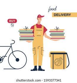 Delivery man with parcel box on the back. Ecological city bike food delivering service concept. Cartoon Flat Vector Illustration on a white background. 