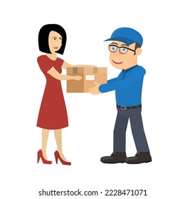 Delivery man with a parcel. Courier hands over the parcel, vector illustration