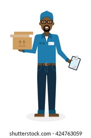 Delivery man with parcel. Fast transportation. Isolated african american cartoon character on white background. Postman, courier with clipboard and package.