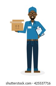 Delivery man with parcel. Fast transportation. Isolated african american cartoon character on white background. Postman, courier with clipboard and package.