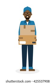 Delivery man with parcel. Fast transportation. Isolated african american cartoon character on white background. Postman, courier with package. Concept of online shopping and moving.