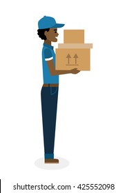 Delivery man with parcel. Fast transportation. Isolated african american cartoon character on white background. Postman, courier with package. Concept of online shopping and moving.