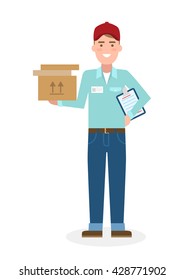 Delivery man with parcel. Fast transportation. Isolated cartoon character on white background. Postman, courier with clipboard and package.