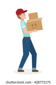 Delivery man with parcel. Fast transportation. Isolated cartoon character on white background. Postman, courier with package. Concept of online shopping and moving.