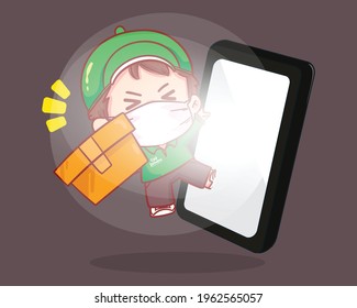 Delivery man parcel handover to customer Online Delivery Service,Smartphone with Mobile App logo cartoon art illustration