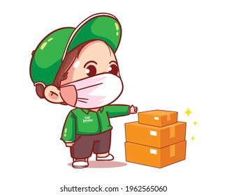 Delivery man parcel handover to customer cartoon art illustration