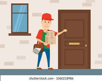 Delivery Man With Parcel Knocking On Door