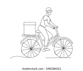 Delivery, man with a parcel on a bicycle, linear vector illustration.