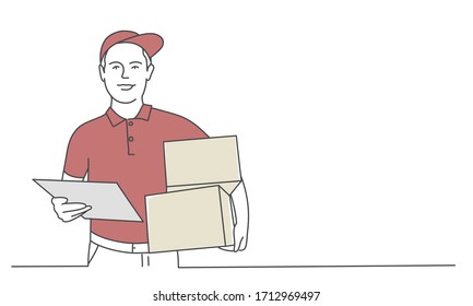 Hombre de entrega con buzón de paquetes y portapapeles. Ilustración vectorial dibujada a mano.