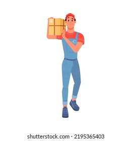 Delivery man with parcel from warehouse, isolated worker carrying heavy box. Order from shop or store, courier with goods. Vector in flat style, flat cartoon character