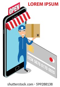 Delivery Man and Parcels Appeared From Smartphone or Tablet. flat vector design