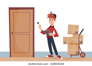 Delivery man with parcels at the door rings the doorbell. Fast Delivery service to the door by courier concept. Cartoon flat character vector illustration