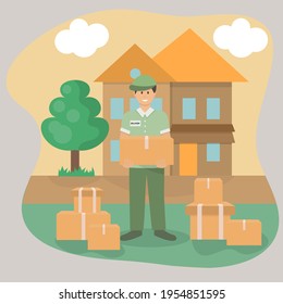 Delivery man with parcels in the suburbs. Delivery home and online order tracking. Vector illustration. 