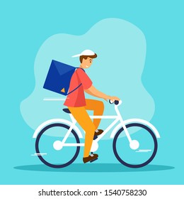 Delivery man with parsel in backpack riding bicycle. Flat vector illustration concept of fast and ecology delivery service. 