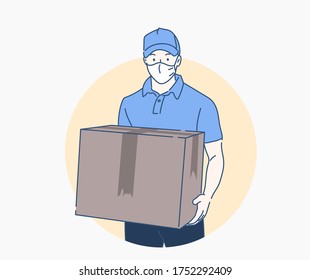 Delivery man or passenger holding a cardboard box ready to delivery. Online shopping and Express delivery concept (A Mask can be removable). Hand drawn in thin line style, vector illustrations.