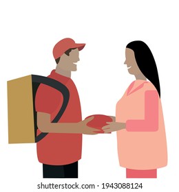 Delivery Man Passing Food Ordered Online To A Women