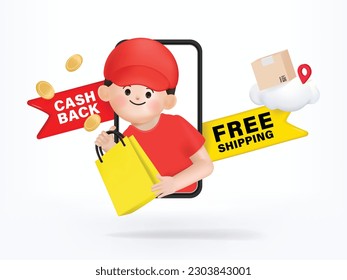 Delivery man Peeking Out Of Smartphone Screen. Male employee in cap t-shirt print working as courier. 3d render cartoon vector design.