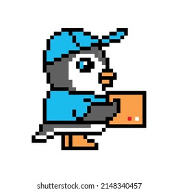 Delivery man penguin with a parcel, cute pixel art animal character isolated on white background. Old school retro 80s, 90s 8 bit slot machine, computer, video game graphics. Courier service worker.
