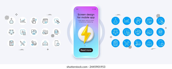 Delivery man, Phone protect and Cognac bottle line icons. Phone mockup with 3d energy icon. Pack of Baggage app, Sun protection, Chart icon. Vector