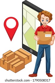 Delivery man with pin locate on smartphone illustration