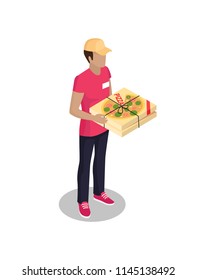 Delivery Man With Pizza Box Meal Italian Traditional Dish. Person Wearing Cap Badge Name On T-shirt Holding Fastfood 3d Isometric Isolated On Vector