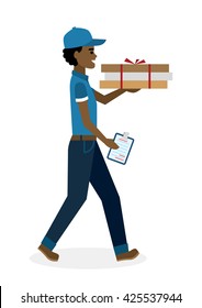 Delivery man with pizza boxes. Fast transportation. Isolated african american cartoon character on white background. Postman, courier with fresh pizza and clipboard. Handsome smiling male chararcter. 