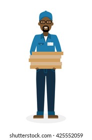 Delivery man with pizza boxes. Fast transportation. Isolated african american cartoon character on white background. Postman, courier with fresh pizza. Handsome smiling male chararcter. 
