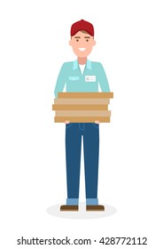 Delivery man with pizza boxes. Fast transportation. Isolated cartoon character on white background. Postman, courier with fresh pizza. Handsome smiling male chararcter.