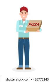 Delivery man with pizza boxes. Fast transportation. Isolated cartoon character on white background. Postman, courier with fresh pizza. Handsome smiling male chararcter.