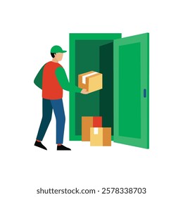 Delivery Man Placing Packages in a Secure Locker