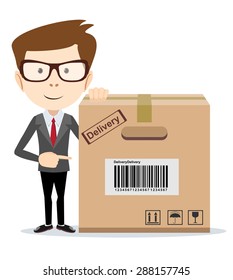 Delivery man is pointing to a box. Stock Vector illustration.