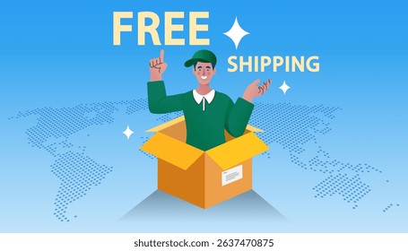 Delivery man pop up out of box on world map. Advertise shipping and logistics services worldwide. Location Destination Marks. Cargo Transportation. Global logistics service. online shopping.