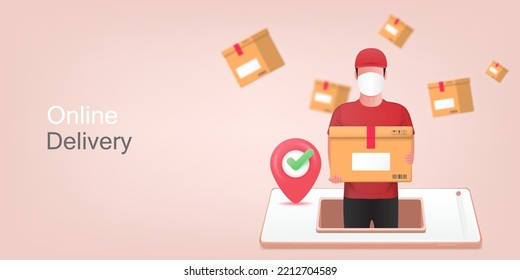 A delivery man pops up from the mobile phone screen. Fast delivery concept. Online shopping via mobile app. Delivery online. Delivery man holding parcel box with parcel boxes floating in the air.
