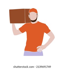 Porträt des Liefermanns mit roter Uniform. Bearded man, ein Kurier in einer Kappe, der eine Packung hält. Postman brachte das Paket mit. Online-Lieferung. Flachpapier im Mosaikstil, Vektorgrafik