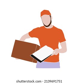 Delivery man portrait wearing red uniform. Bearded man, a courier in a cap holding a delivery package box. Postman brought the parcel. Online delivery. Flat paper cut mosaic style vector illustration