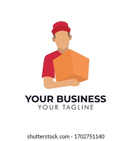 Delivery Man Posing With  A Box in His Hand Logo Design Template