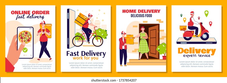 Delivery man poster set - online food take away service flyers