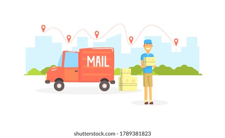 Delivery Man, Postman or Courier Delivering Parcels at Post Office Cargo Vehicle Vector Illustration