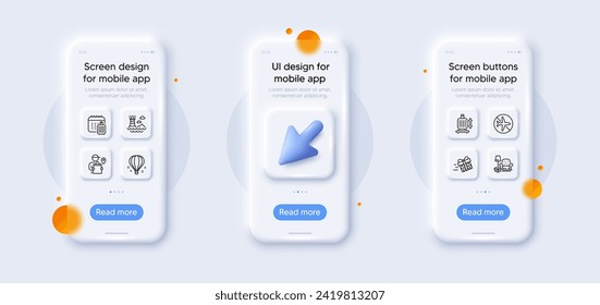 Paquete de iconos de línea de reparto, entrega actual y faro. 3d teléfono se burla con el cursor. Pantalla de teléfono inteligente de vidrio. Calendario de equipaje, globo de aire, icono web en modo de vuelo. Vector