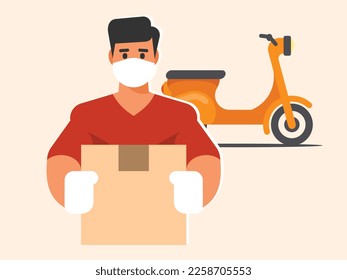 A delivery man in a protective mask with a box in his hands stands against the background of a motor scooter. Vector graphics