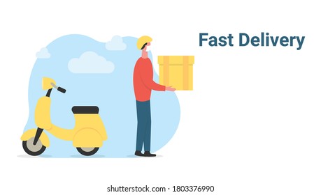 Delivery man in a protective mask brought the parcel