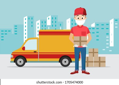 Delivery man with protective mask and gloves holding package box. Courier in front of a delivery truck and city skyline in background. Vector illustration of pandemic and quarantine concept