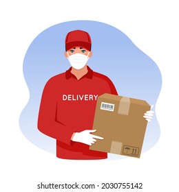 Delivery man in a protective mask and gloves holds a parcel box. Courier delivery service. Vector illustration 