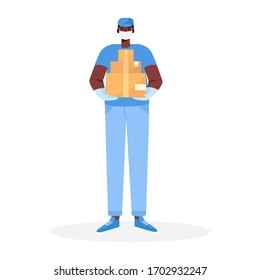 A delivery man in protective medical face mask and gloves holds a cardboard boxes in his hands. Delivery during the prevention of coronovirus concept. Vector illustration in cartoon flat style