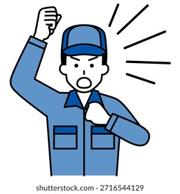 A delivery man protesting with his fist raised