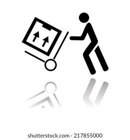   Delivery man pushing a cargo hand truck, vector icon. with shadow