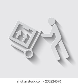 Delivery man pushing a cargo hand truck, vector icon. with shadow on a grey background