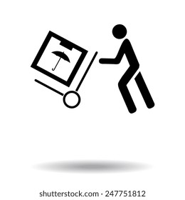 Delivery man pushing a cargo hand truck, vector icon.