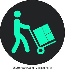 Delivery man pushing a cargo hand truck, vector icon